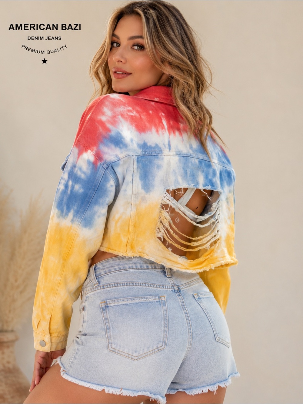 American Bazi Red Blue Yellow Tie-Dye Distressed Cropped Jacket 2X festival